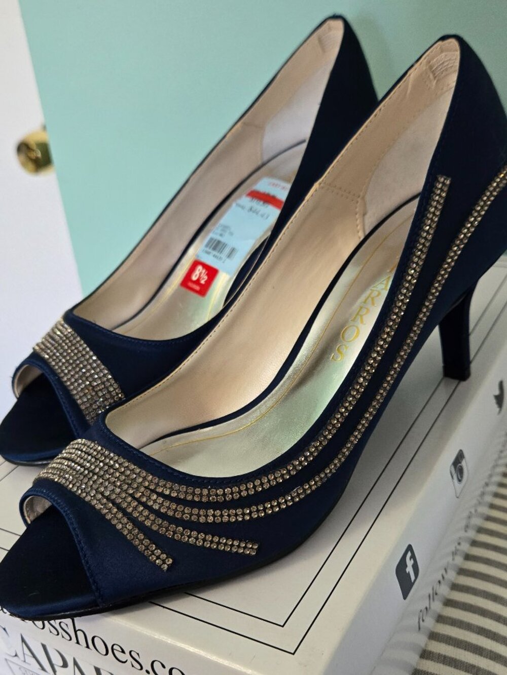 Caparros Oz Navy Satin Rhinestone, Never Worn 8 1/2 Open Toe, Leather sole